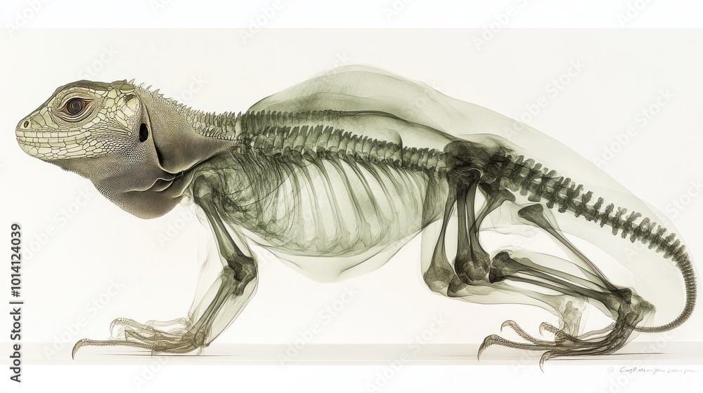 Poster x-ray image of a lizard showcasing its skeletal structure.