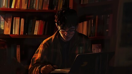 Man Reading in a Library with Warm Light