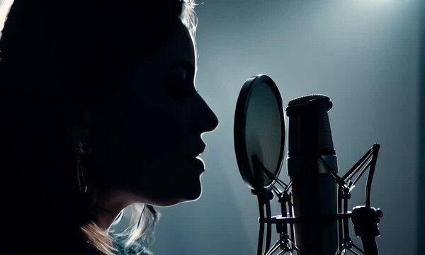 Professional singer singing into microphone close up, recording song in recording sound studio. New hit track release. Woman performing vocal. Live sound. Girl pop performer. Female artist silhouette.