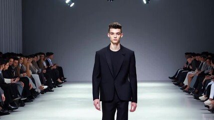 Fashion show featuring male model in sleek black attire on runway at recent event