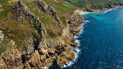 Aerial View of Rugged Coastal Landscape in Cornwall, UK