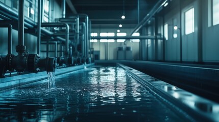 Fototapeta premium Water Treatment Facility Efficiently Purifying Water, Modern Design, Clean Lines, Minimalist Aesthetic, Emphasizing Functionality and Clarity