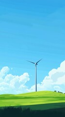 Fototapeta premium Solitary Windmill on Expansive Grassy Plains, a minimalist landscape showcasing simplicity and tranquility in nature's vastness.
