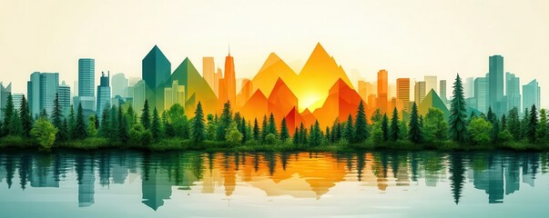 Vibrant city skyline with colorful mountains and reflective water, creating a stunning view of nature and urban life.