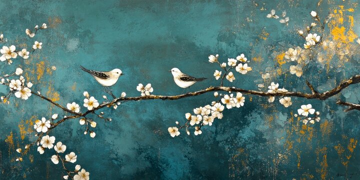 Two small birds sit on a delicate branch adorned with beautiful white flowers. The background features a soothing blue and gold mix, capturing a serene and peaceful essence. AI