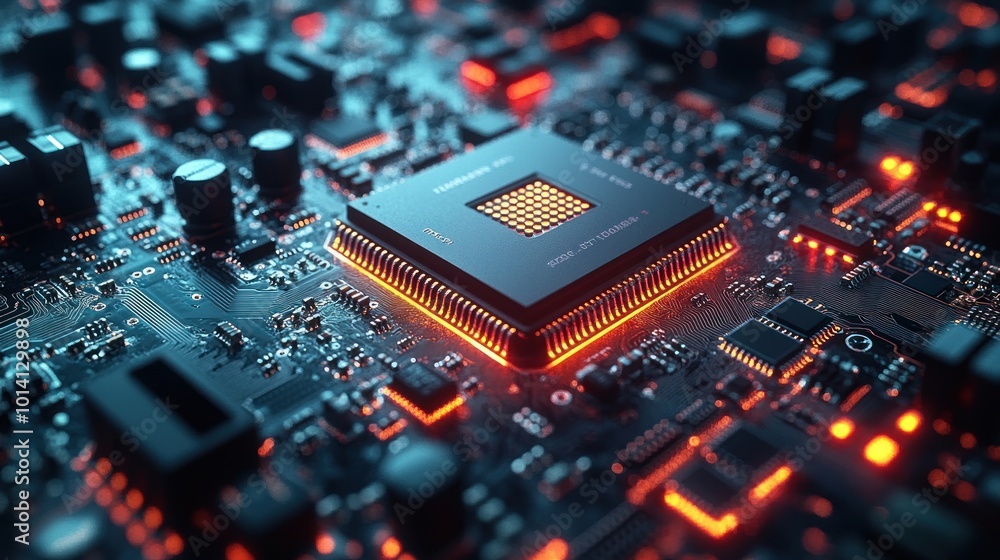 Poster close-up of a microchip on a circuit board with glowing elements.