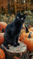 A black cat sitting on top of a Halloween pumpkin, with a tree stump and...