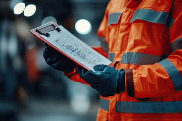 Worker in safety gear checks list. The image shows a close-up of a worker wearing safety gear, holding a clipboard and checking a list, emphasizing workplace safety and industrial procedures.