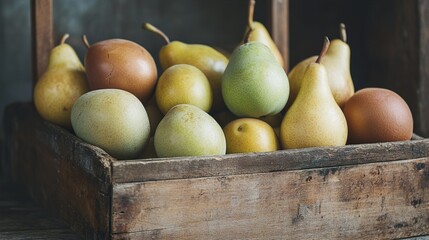 Ripe Pears in a Rustic Wooden Box - Fresh Harvest