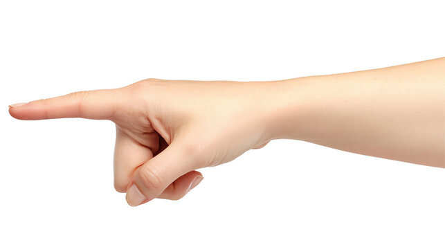 A woman's hand with extended index finger pointing to the right, isolated on a black background. Generative ai