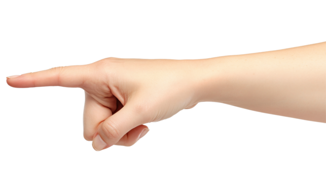 A woman's hand with extended index finger pointing to the right, isolated on a black background. Generative ai