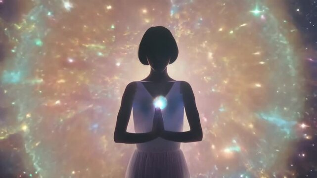 It depicts a woman meditating in prayer, with light radiating from her chest, against a cosmic backdrop of swirling galaxies, symbolizing enlightenment and a spiritual connection to the universe.