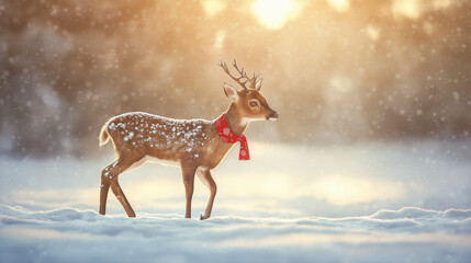 Charming Christmas Deer in Festive Scarf, Walking Through Serene Snowy Landscape, Falling Snowflakes, Sparkling Ground, Evergreen Trees, Hazy Winter Sky, Magical Holiday Atmosphere