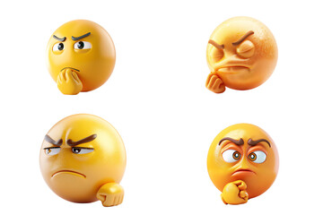 Fototapeta premium Four 3D yellow emoticons with different facial expressions. They have furrowed brows, closed eyes, and clenched fists. The emoticons are isolated on a black background. Generative ai