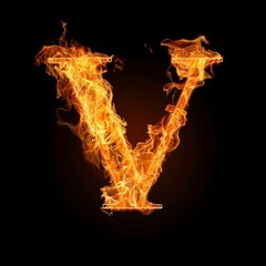 Letter V. Fire flames on black isolated background. Part of alphabet set.