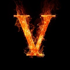 Letter V. Fire flames on black isolated background. Part of alphabet set.