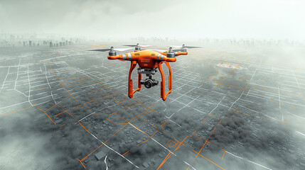 An image of a UAV with a LiDAR sensor in action, flying over a rugged landscape with 3D topographic visuals overlayed