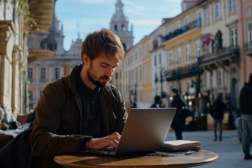 Digital Nomad in a Bustling European City Square, Typing on a Laptop While Sitting at a Table...