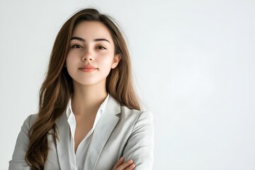 Beautiful Young Business Woman on White Background, Freelance, Business, Marketing, Finance