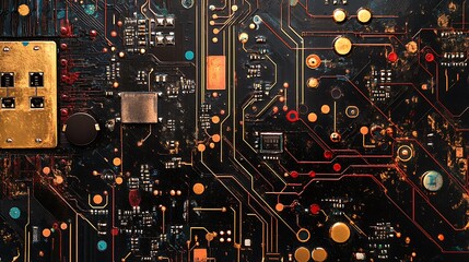 Fototapeta premium Close up of a circuit board with intricate wiring, resistors, and microchips.
