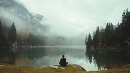 A person sits by a still lake, surrounded by mountains in the fog.