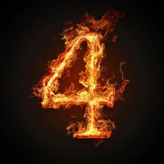 Number 4. Fire flames on black isolated background. Part of number set.