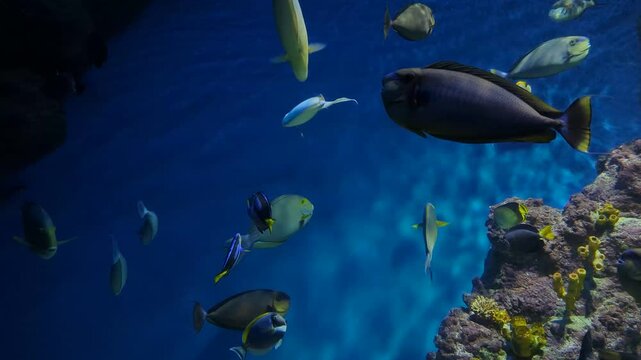 Naso unicornis swimming in a large aquarium among the reefs