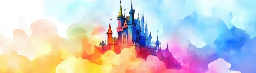 Dreamy fairy tale castle, surrounded by glowing clouds, magical ambiance, watercolor style