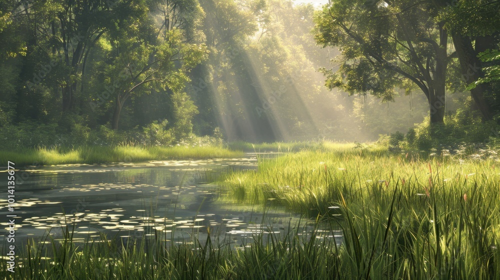 Poster Serene Nature Scene with Sunlight and Calm Water