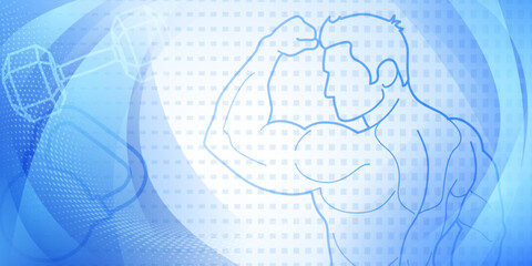 Blue fitness themed background. Stylized illustration of a muscular man flexing his bicep, with abstract background that suggests motion or speed.