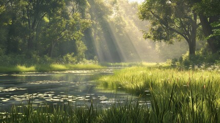 Fototapeta premium Serene Nature Scene with Sunlight and Calm Water