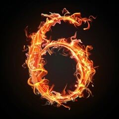 Number 6. Fire flames on black isolated background. Part of number set.