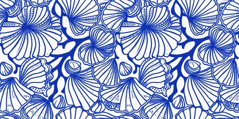 Azure blue white shell motif with linen seamless batik border background. Modern coastal beach cottage rustic shell block print home decor pattern, Sealife banner style 