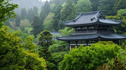 Fototapeta premium Tranquil Japanese Garden with Traditional Architecture
