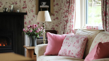 Elegant cottage or country house room, interior design and home decor, furniture and soft furnishing fabric and upholstery, English countryside style idea