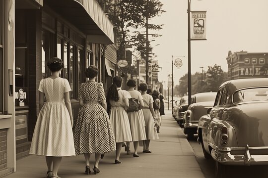 Fototapeta Vintage Photo of Women Walking on a Busy Sidewalk in the 1940s - Generative AI
