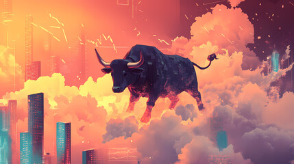Generative AI, Bull Market Soars: Stock Tickers Ascend with Charging Bull