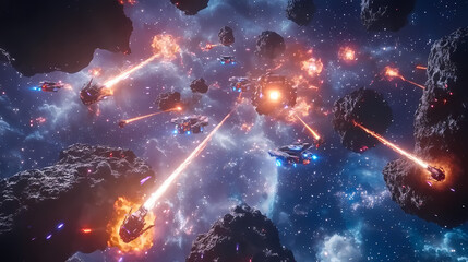 Generative AI, Swarms of Drones Battle in Space: Laser Cannons & Asteroids