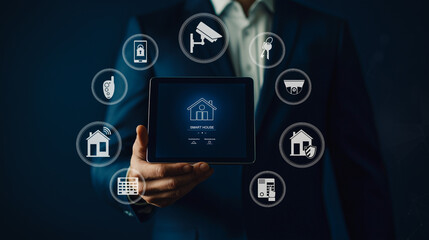  Business professional managing smart home systems; holding a tablet displaying icons for various household functions.