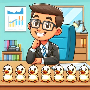 Concept "have your ducks in a row", a businessman sitting at his desk with a row of ducks (cartoon illustration)