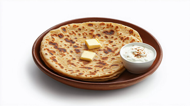 Butter paratha with curd isolated on white background 