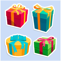 Stickers four gift boxes on blue background
