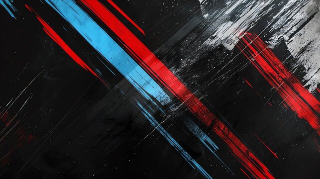 Black and white striped background with blue and red accents