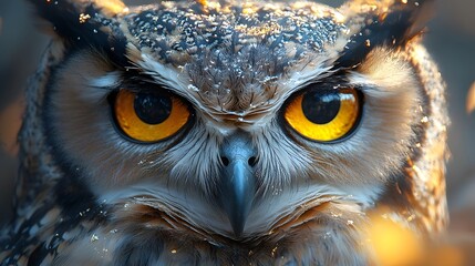 Close-up portrait of an owl with intense yellow eyes, looking directly at the camera.