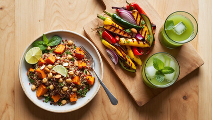 A vibrant lunch scene with a quinoa salad, grilled vegetables, and a green juice, ideal for promoting clean eating and mindful nutrition