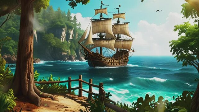 old pirate ship in the sea.Seamless 4k time lapse virtual video animation background