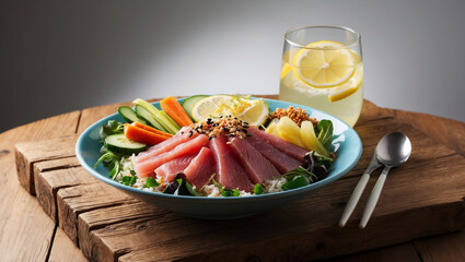 A colorful dinner setup featuring a poke bowl with fresh tuna, vegetables, and a glass of lemon water, designed to inspire a balanced diet and active lifestyle