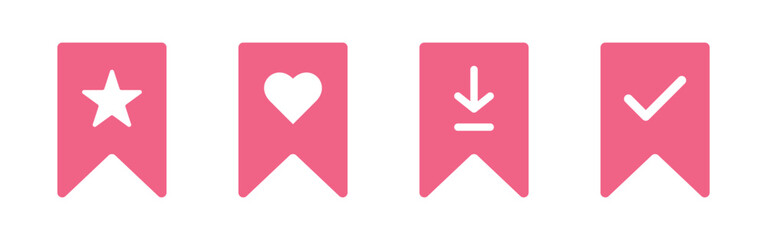 Vector Pink Favourite Symbol Set. Favourite Bookmark Symbols. Save Icon Set