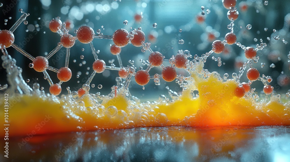 Poster abstract representation of molecular structures in a vibrant liquid.