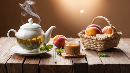 A relaxing afternoon tea scene with herbal tea, whole-grain crackers, and organic nut butter, perfect for wellness and self-care promotion